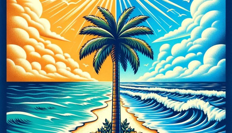 DALL·E 2024 01 29 11.37.14 A Harmonious Scene With A Central Palm Tree Representing Floridas Coastal Charm. Both Sides Of The Image Depict Sunny Clear Skies Reflecting A Pos 2 780x450 